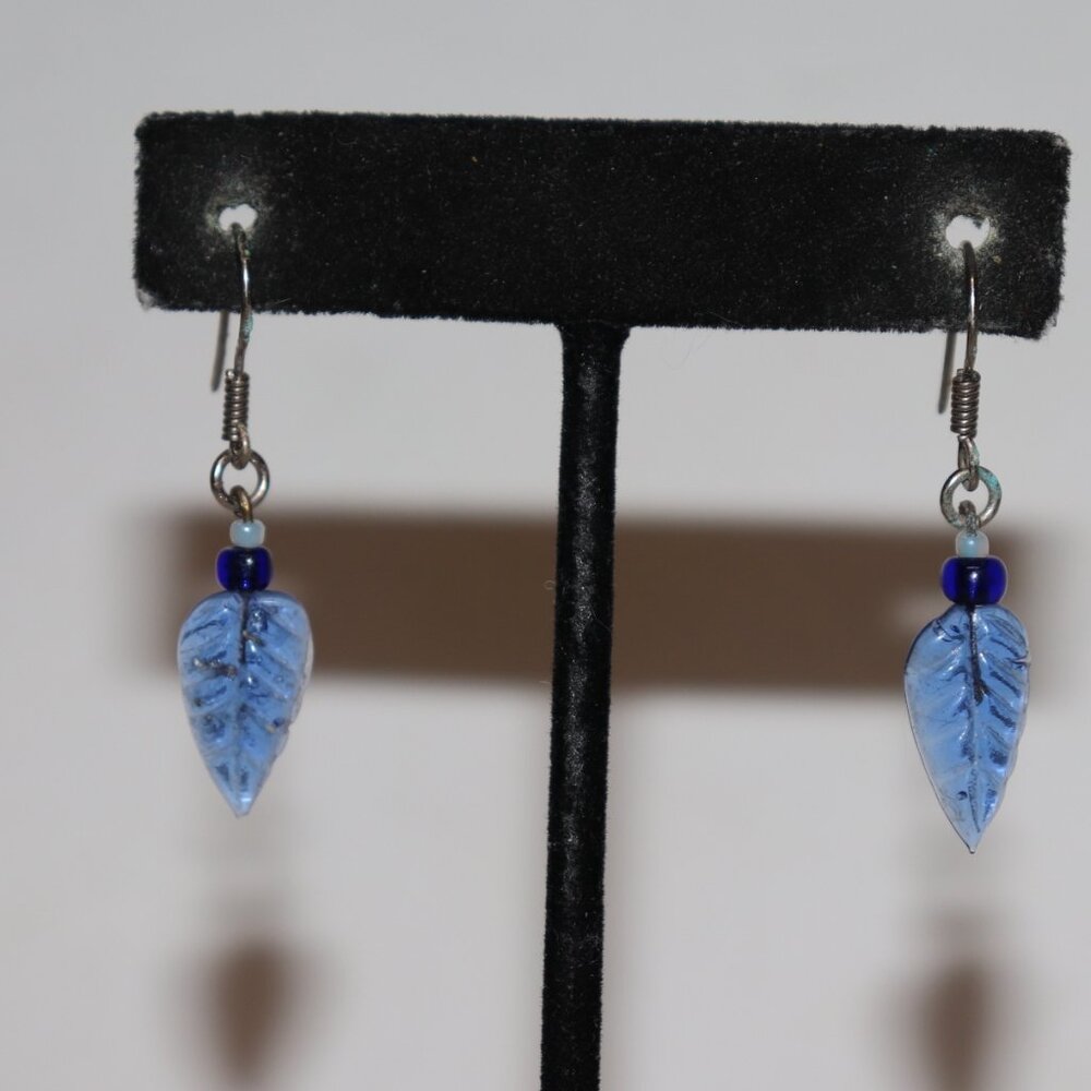 💙✨ Silver Hook Dangle Earrings w/ Blue Glass Leaves · 1.5" Tall ·